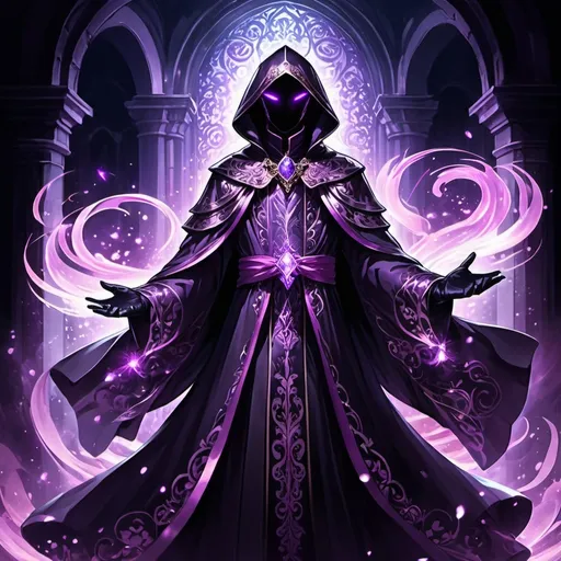 Prompt: anime concept art, anime style, promo art for a JRPG, a fully covered shadow being litch with wide purple eyes wearing a iridescent purple and pink sequined flowing rococo robe with hood, frills, dancing with magic in a gothic revival catacomb, dark lord, dancing, black gloves, fully clothed, face covered in darkness, epic, dynamic, 