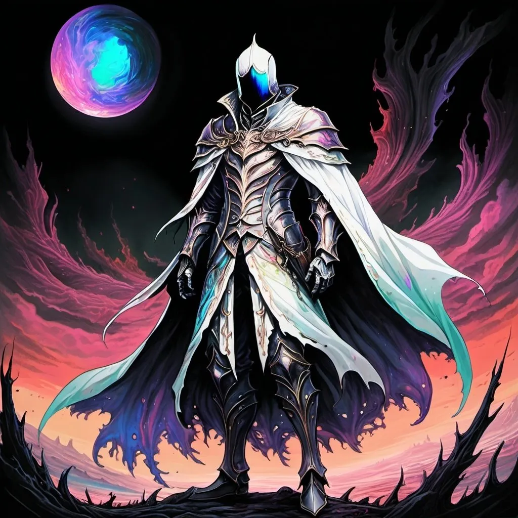 Prompt: 2d drawing, bloodborne style, a man covered in futuristic iridescent regency armor, helmet, mouth covered, white cape, floating on an alien planet, tough, intimating, full body shot, colorful, dark lord,