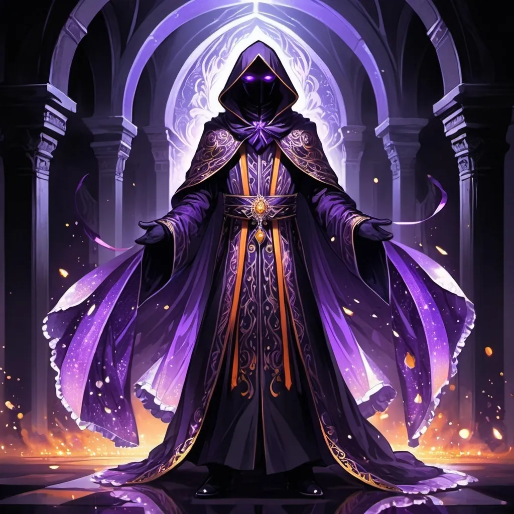 Prompt: anime concept art, anime style, promo art for a JRPG, a fully covered shadow being litch with wide purple eyes wearing a iridescent purple and orange sequined flowing rococo robe with hood, frills, dancing with magic in a gothic revival catacomb, dark lord, dancing, black gloves, fully clothed, face covered in darkness, epic, dynamic, 