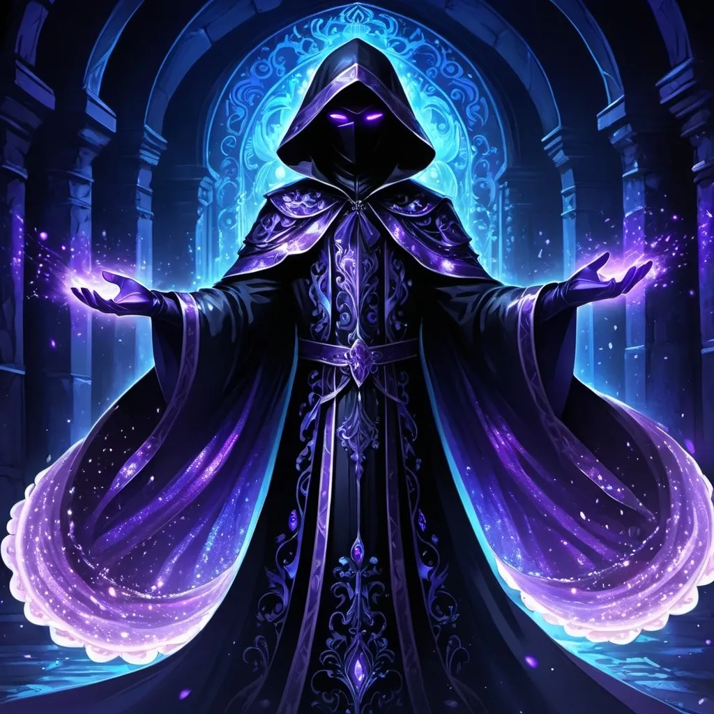 Prompt: anime concept art, anime style, anime cap shot, a fully covered shadow being litch with wide purple eyes wearing a iridescent purple and blue sequined flowing rococo robe with hood, frills, dancing with magic in a gothic revival catacomb, dark lord, dancing, black gloves, fully clothed, face covered in darkness, epic, dynamic, 