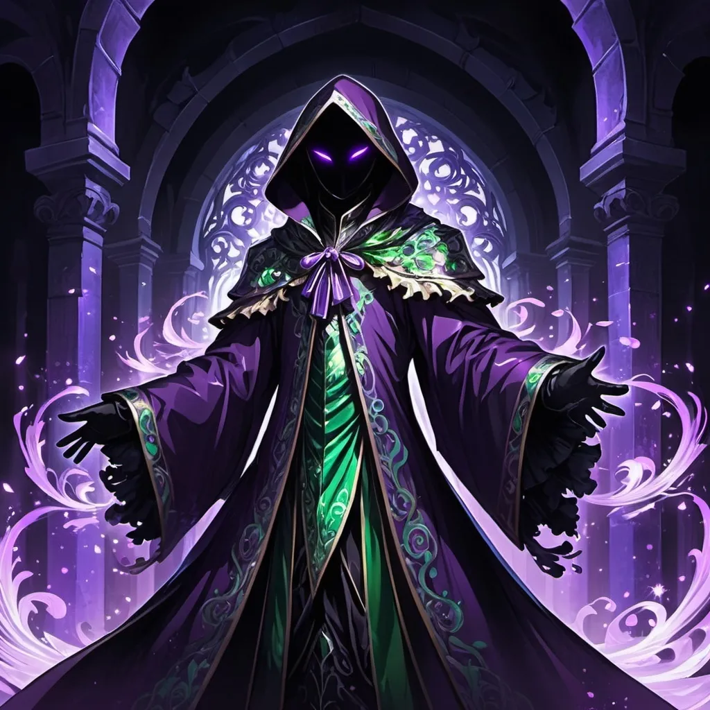 Prompt: anime concept art, anime style, promo art for a JRPG, a fully covered shadow being litch with wide purple eyes wearing a iridescent purple and green sequined flowing rococo robe with hood, frills, dancing with magic in a gothic revival catacomb, dark lord, dancing, black gloves, fully clothed, face covered in darkness, epic, dynamic, 