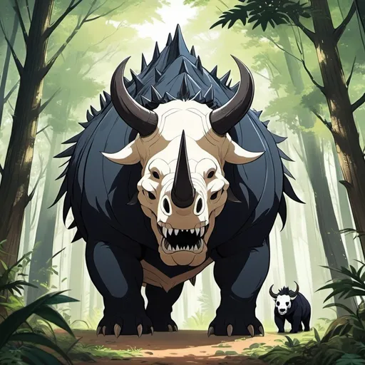 Prompt: 2d drawing, anime style,  giant quadrupeds that look like a bull horned rhinoceros with a spiny back and a skull like face, sharp fangs, sharp teeth, long claws, long thick dinosaur like tail, covered in black hair, white face, scary, in a forest, bear like claws, 
