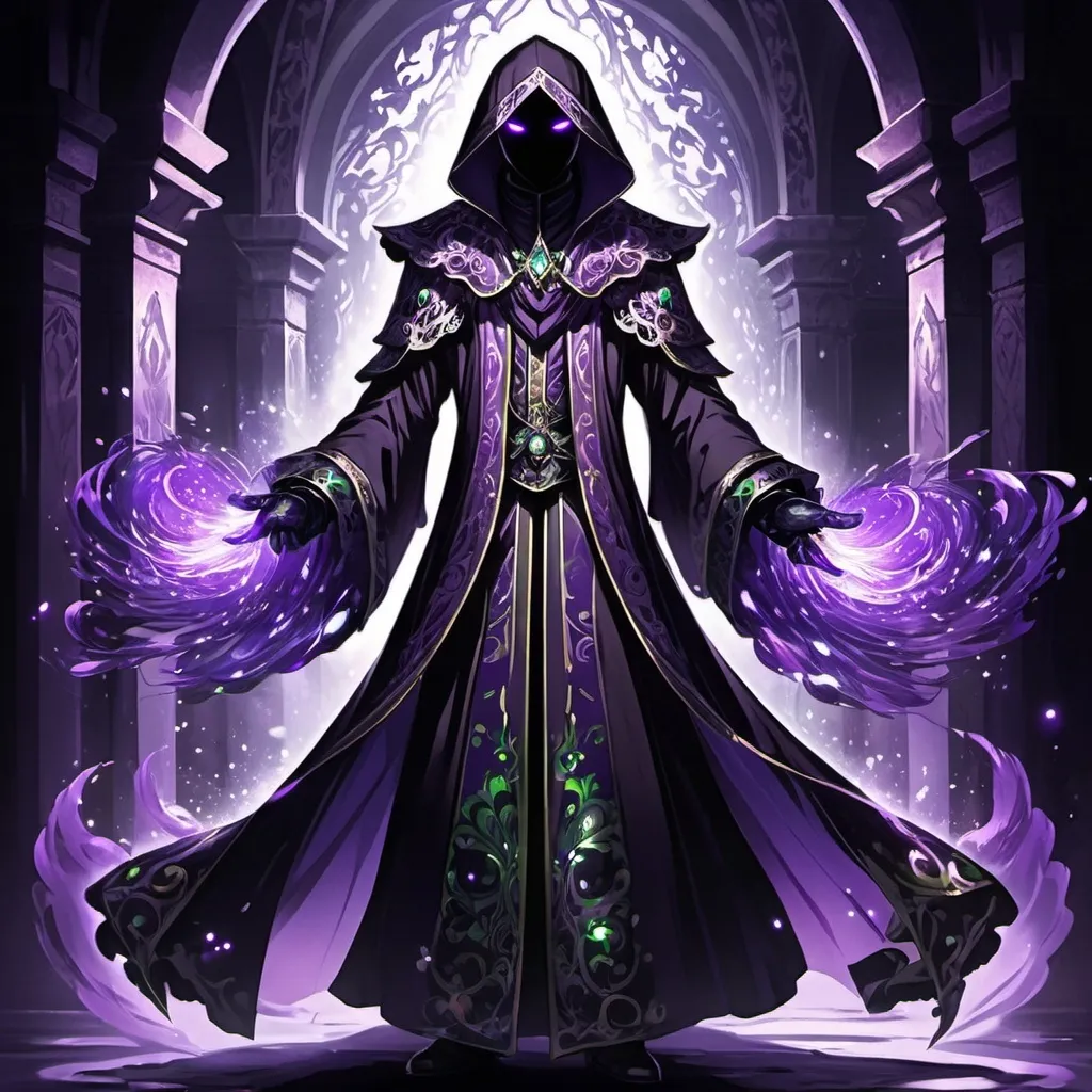 Prompt: anime concept art, anime style, promo art for a JRPG, a fully covered shadow being litch with wide purple eyes wearing a iridescent purple and green sequined flowing rococo robe with hood, frills, dancing with magic in a gothic revival catacomb, dark lord, dancing, black gloves, fully clothed, face covered in darkness, epic, dynamic, 