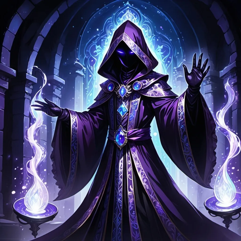 Prompt: anime concept art, anime style, anime cap shot, a fully covered shadow being litch with wide purple eyes wearing a iridescent purple and blue sequined flowing rococo robe with hood, frills, dancing with magic in a gothic revival catacomb, dark lord, dancing, black gloves, fully clothed, face covered in darkness, epic, dynamic, 