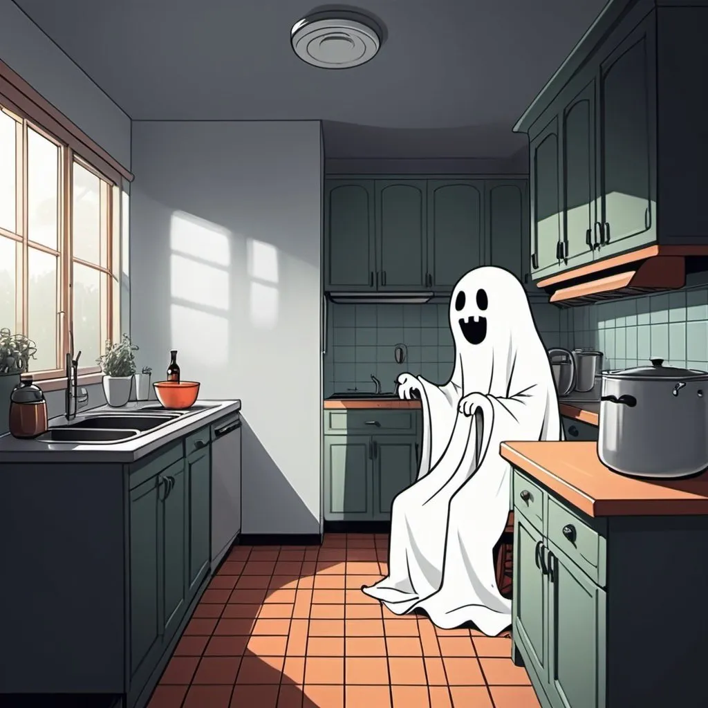 Prompt: 2d drawing, anime styled, a small blanket ghost in a kitchen talking to a small cute rat, 
