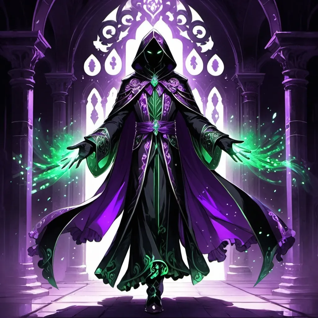 Prompt: anime concept art, anime style, promo art for a JRPG, a fully covered shadow being litch with wide purple eyes wearing a iridescent purple and green sequined flowing rococo robe with hood, frills, dancing with magic in a gothic revival catacomb, dark lord, dancing, black gloves, fully clothed, face covered in darkness, epic, dynamic, 