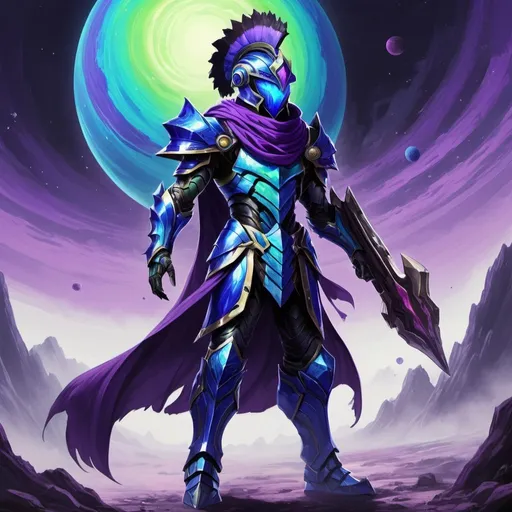 Prompt: 2d drawing, Monster Hunter style, a young man fully covered in futuristic blue with iridescent green sheen roman centurion armor, helmet, purple visor, mouth covered, black and purple long scarf, black coat, floating on an alien planet, heroic, full body shot, colorful,