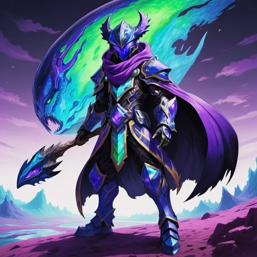 Prompt: 2d drawing, Monster Hunter style, a young man fully covered in futuristic blue with iridescent green sheen viking armor, helmet, purple visor, mouth covered, black and purple long scarf, black coat, floating on an alien planet, heroic, full body shot, colorful,