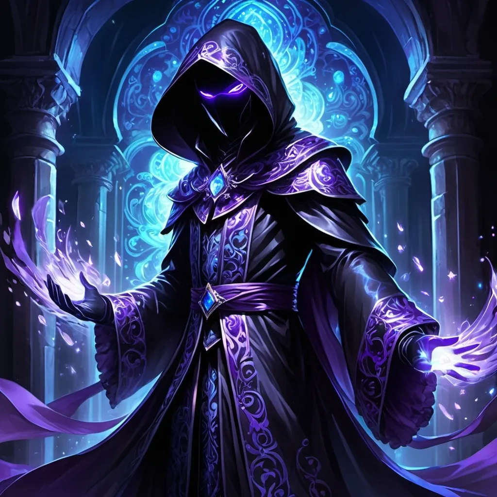 Prompt: anime concept art, anime style, anime cap shot, a fully covered shadow being litch with wide purple eyes wearing a iridescent purple and blue sequined flowing rococo robe with hood, frills, dancing with magic in a gothic revival catacomb, dark lord, dancing, black gloves, fully clothed, face covered in darkness, epic, dynamic, 