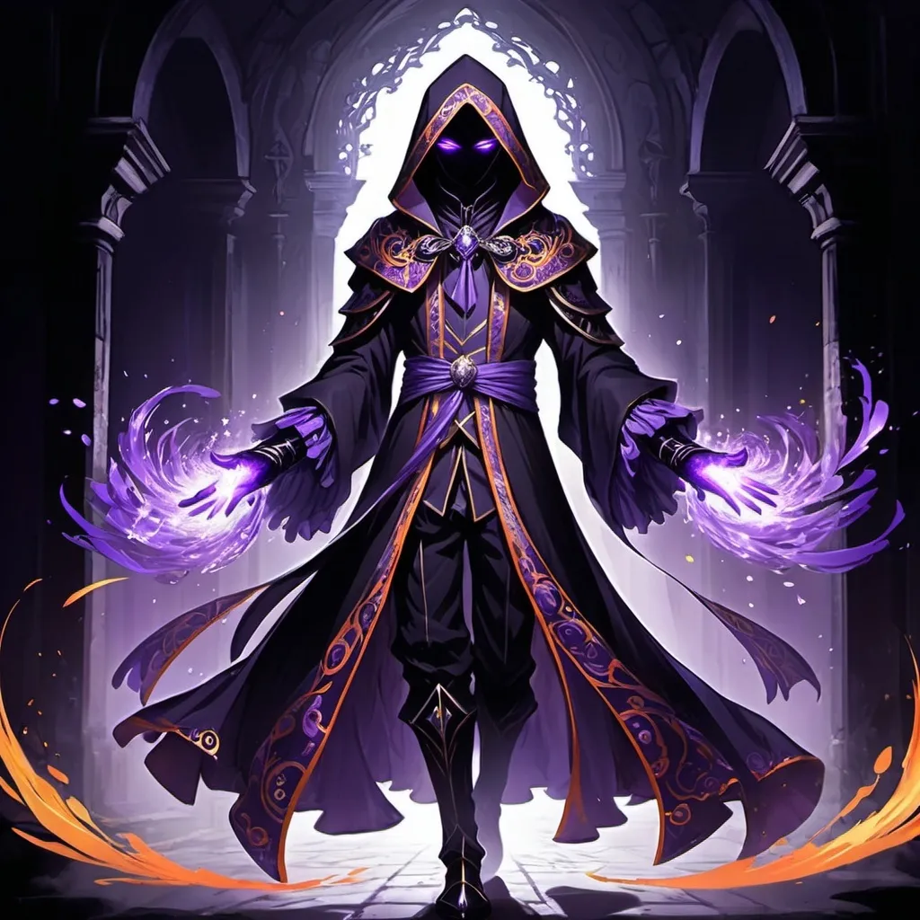 Prompt: anime concept art, anime style, promo art for a JRPG, a fully covered shadow being litch with wide purple eyes wearing a iridescent purple and orange sequined flowing rococo robe with hood, frills, dancing with magic in a gothic revival catacomb, dark lord, dancing, black gloves, fully clothed, face covered in darkness, epic, dynamic, 