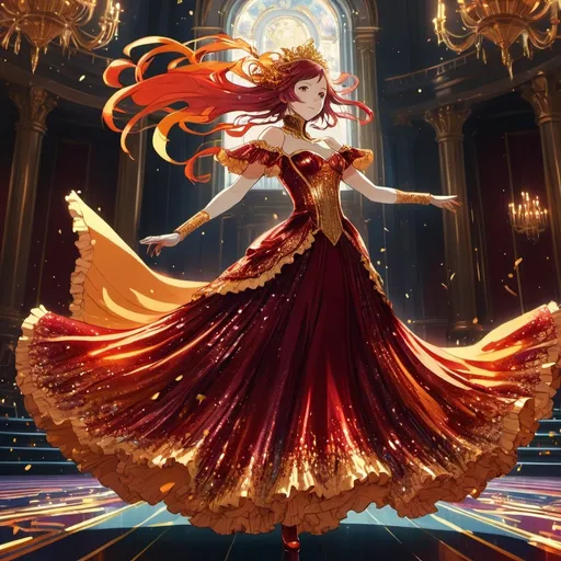 Prompt: 2d anime, final fantasy styled, anime cap shot, an adult woman completely covered in a fancy dark-red iridescent sequined futuristic long regency dress, fancy hair piece, orange and gold frilly cape, dancing in a elaborate ballroom, graceful, full body shot, colorful, spinning, flowing, 