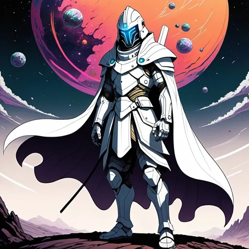 Prompt: 2d drawing, anime style, a man covered in futuristic samurai armor, helmet, mouth covered, white cape, alien planet, tough, intimating, full body shot, colorful, dark lord,