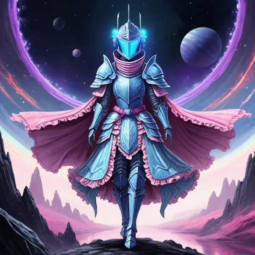 Prompt: 2d drawing, dark souls style, an adult woman completely covered in light-blue futuristic samurai armor, face concealing helmet, mouth covered, pink and purple frilly cape, floating on an alien planet, graceful, full body shot, colorful, 