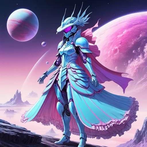 Prompt: 2d drawing, final fantasy style, an adult woman completely covered in light-blue futuristic samurai armor, face concealing helmet, mouth covered, pink and purple frilly cape, floating on an alien planet, graceful, full body shot, colorful, 