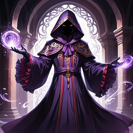 Prompt: anime concept art, anime style, anime cap shot, a fully covered shadow being with purple eyes wearing a iridescent purple and red flowing rococo robe with hood, frills, dancing with magic in a gothic revival catacomb, dark lord, dancing, black gloves, fully clothed, 