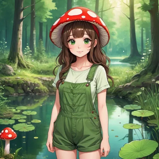 Prompt: Cute anime girl with brown hair, wearing green overalls and a mushroom hat, standing in a forest with a pond in the background, high quality, anime, fantasy, detailed hair, vibrant colors, whimsical lighting, nature setting