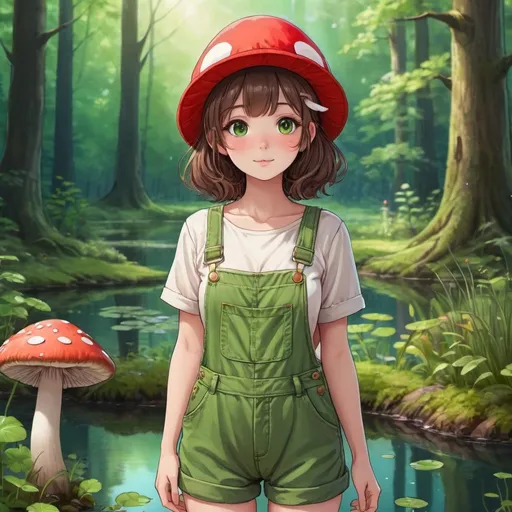 Prompt: Cute anime girl with brown hair, wearing green overalls and a mushroom hat, standing in a forest with a pond in the background, high quality, anime, fantasy, detailed hair, vibrant colors, whimsical lighting, nature setting