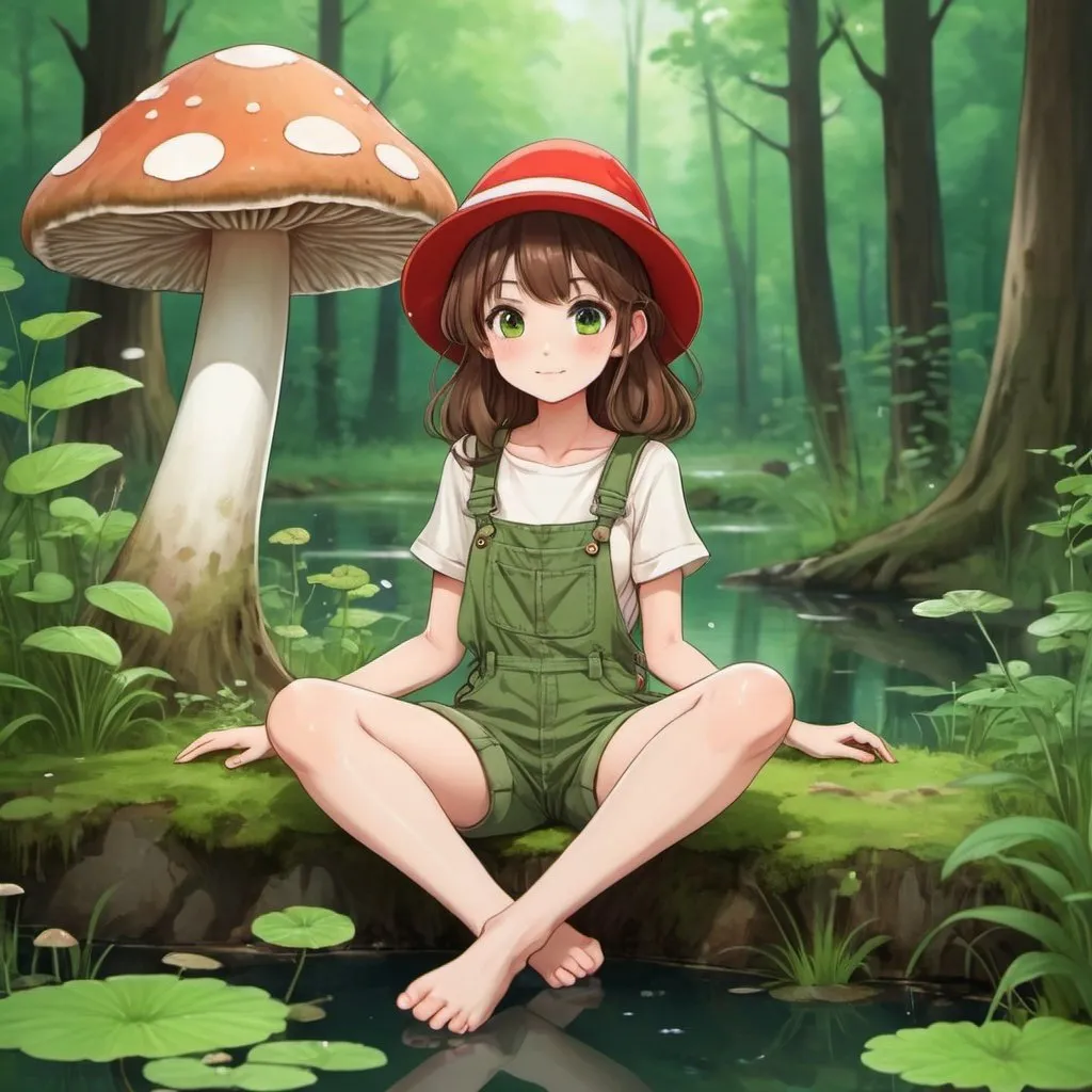 Prompt: a cute anime girl with brown hair with green overalls and a mushroom hat. Forest with pond background