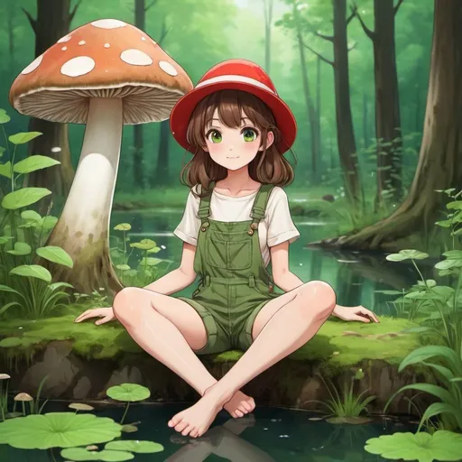 Prompt: a cute anime girl with brown hair with green overalls and a mushroom hat. Forest with pond background