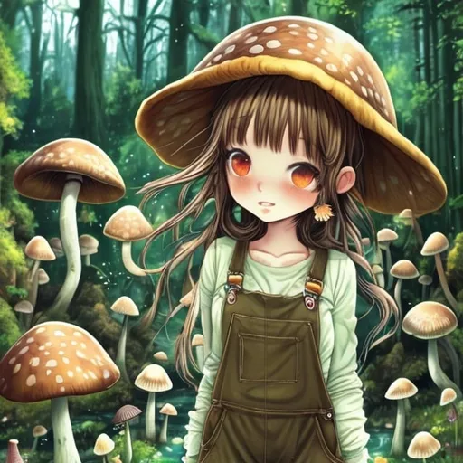 Prompt: Cute anime girl with brown hair, wearing green overalls and a mushroom hat, standing in a forest with a pond in the background, high quality, anime, fantasy, detailed hair, vibrant colors, whimsical lighting, nature setting