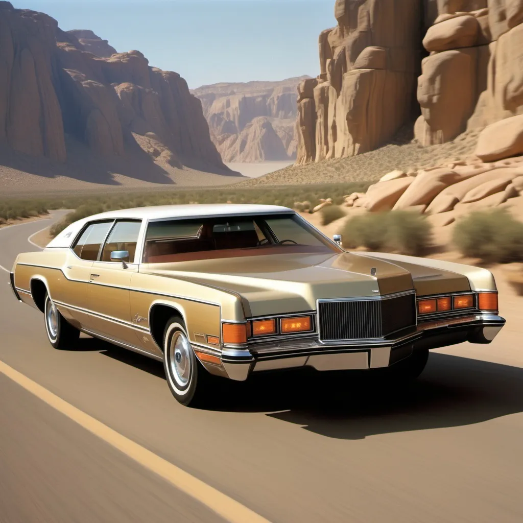 Prompt: The biggest American land yacht car but from 1970s make it believable thought they need to be sedans and not too long make the shorter and sporty and excessive with 1970s styling. Make the styling more complex. Make it more sporty and two doors only