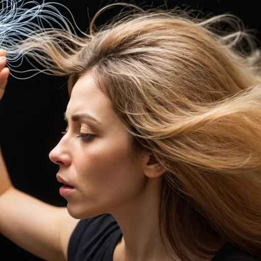 Prompt: woman blowing from right to left. Her hair is actin filaments. mitochondria on the right