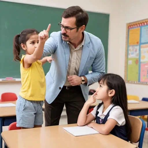 Prompt: male teacher telling a female kindergarten student no. pointing his finger at her


