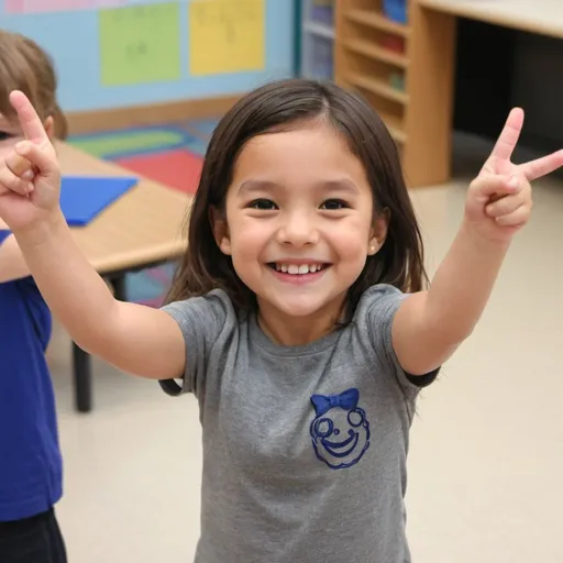 Prompt: kindergarten student arms out to the sides and smiling


