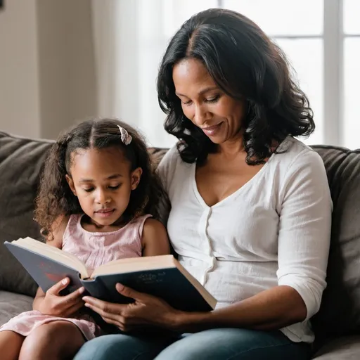 Prompt: Mother reading on the couch to her 5 year old daughter

