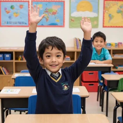 Prompt: male kindergarten student raising his hand in a classroom setting


