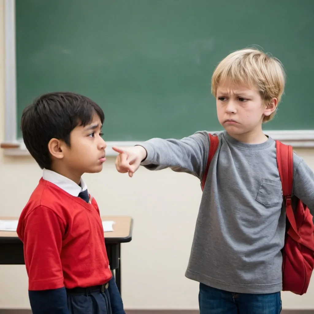 Prompt: A five year old student is sad because another student is teasing him and pointing at him