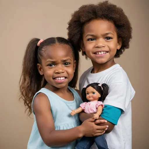 Prompt: One five year old african american boy standing with his arms crossed and angry look on his face behind a smiling five year old girl that is holding a doll

