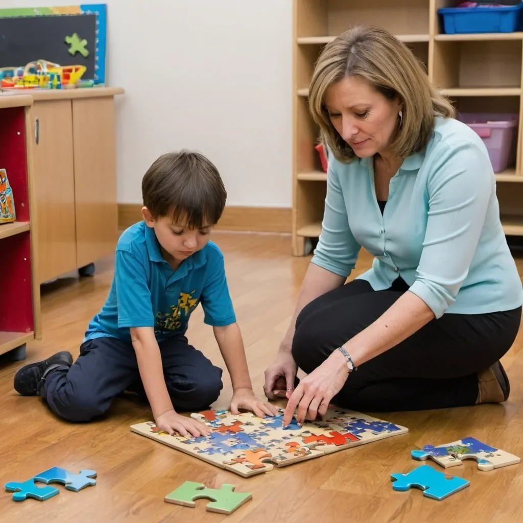 Prompt: Teacher sitting on the floor with a 5 year old boy who is trying to work on a puzzle

