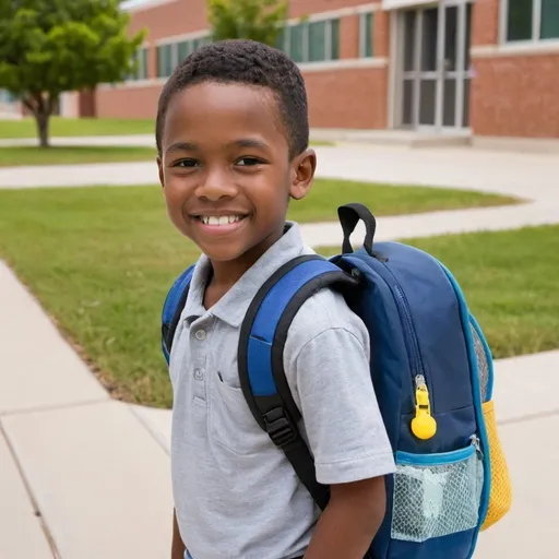 Prompt: Kindergarten student wearing backpack standing outside of school smiling


