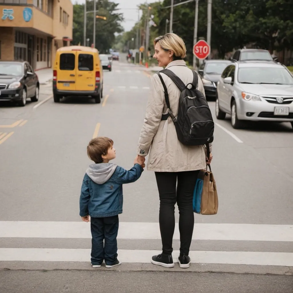 Prompt: Mother and kindergarten son waiting to cross the street


