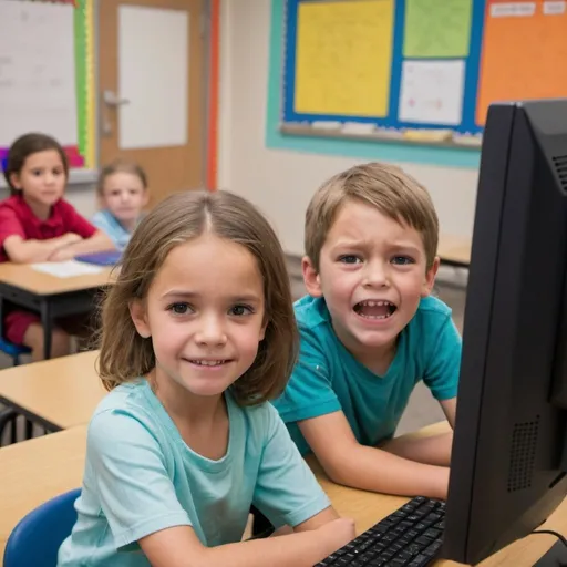 Prompt: 5 year old girl face is frustrated, arms crossed across chest standing a foot behind a 5 year old boy who is smiling and  playing on a desktop computer in a classroom setting
