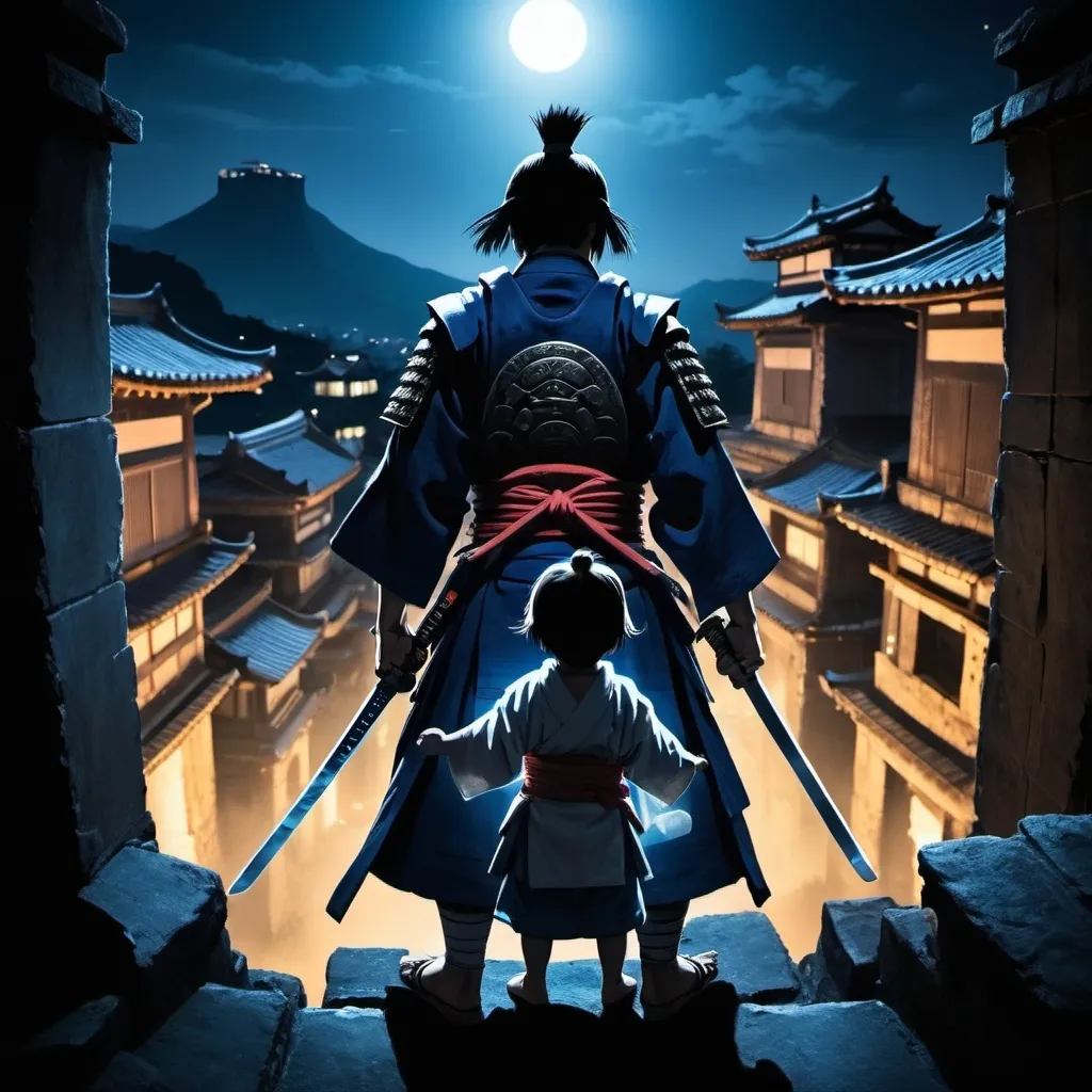 Prompt: a samurai warrior holding a child in by hand in the other hand holding a sword. Facing ruins from above, wide viewing angle from back making him look heroic, his sword is glowing. In the style of blue eye samurai, shot at night, 2d
