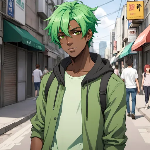 Prompt: Green Hair Dark-skinned anime guy in street clothes