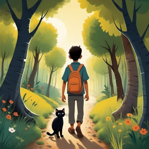 Prompt: In a small village, there lived a young man named Samer. Samer Al Iraqi was exploring the nearby forests. One sunny day, he went on a new adventure. While he was walking, he heard a strange sound coming from among the books.

He walked cautiously, to discover a little cat in the tree's preserve. She was crying anxiously, so he decided to help her. He climbed the tree radically, and since the cat was between his numbers, he put her on the ground. The cat got angry with gratitude and followed him.

Samer returned to his village with a new companion. He named her "Lulu". From that day on, they became inseparable. They discovered the impossible, and faced new adventures, such as discovering a hidden river and a secret place with flowers.

The villagers loved to see their charity. Samer learned that helping others brings happiness, and that true friendship is what a person can have. Over time, Lulu became an integral part of his life, and they lived together in love and peace.