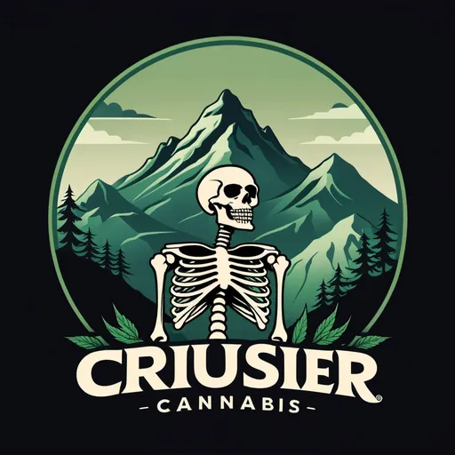 Prompt: Cruiser cannabis brand logo with a skeleton on a mountain with words cruiser cannabis