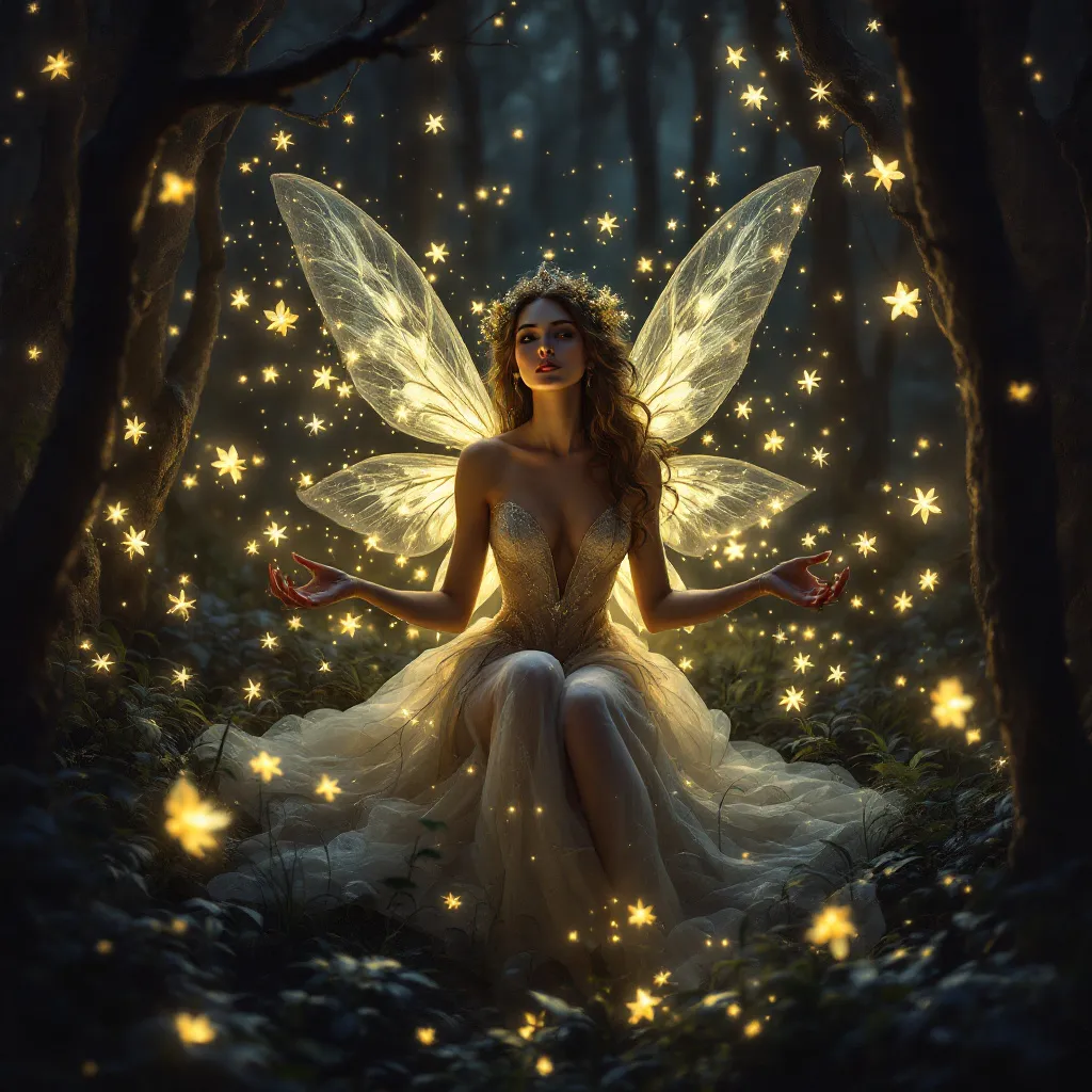 Prompt: Fairy queen surrounded by fireflies in the forest at night