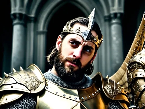 Prompt: Super realistic 4k image of a menacing knight in gold and diamond-plated armor, intricate details on armor, fierce expression with piercing eyes, medieval fantasy setting, dramatic lighting, high-quality, ultra-realistic, gold and diamond-plated armor, menacing gaze, medieval fantasy, dramatic lighting, detailed armor, professional, atmospheric setting, intense