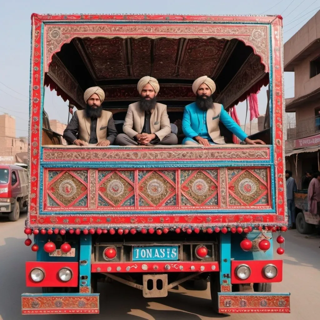 Prompt: Can you make a live band perform on top of an exquisitely decorated truck from pakistan