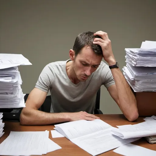Prompt: A man looking skinny, weak, tired and stressed out, sitting at a desk with papers everywhere