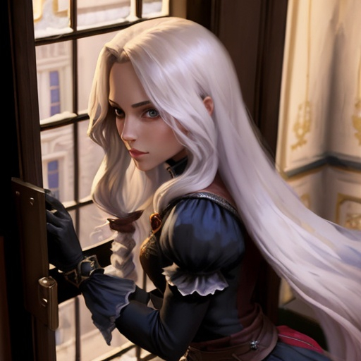 Prompt: beautiful female thief with long hair outside the prince room window