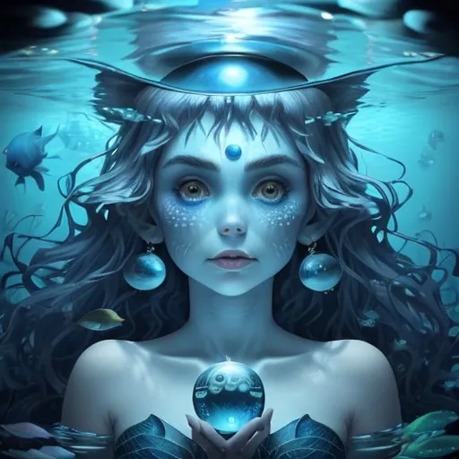 Prompt: water witch face with small  number of scales on her cheeks holding a blue orb, under the sea between fishes