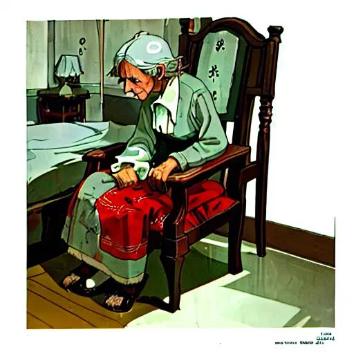 Prompt: a sick elderly woman, sitting in a chair or bed in a poor simple house, with a sad or listless expression.