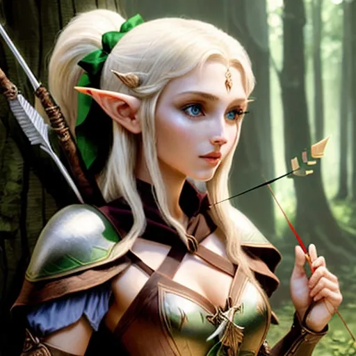 Prompt: beautiful female elf with arrow and bow and thin armor in the wood