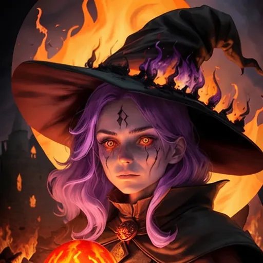 Prompt: fire witch face with small  number of flames on her cheeks holding a purple orb, background a burned castle