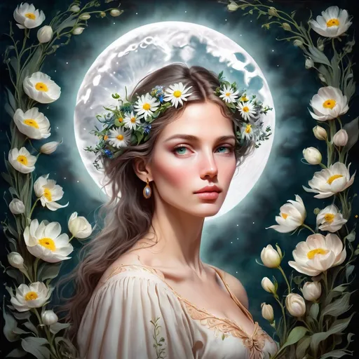 Prompt: Eternal portrait of woman  flowers againts a full moon,guardian of nature,mystical